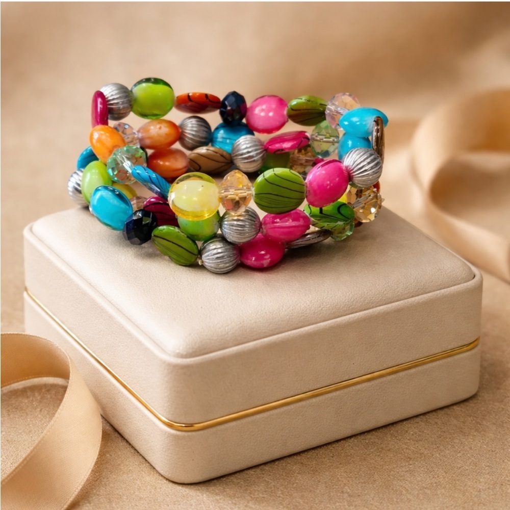 Anthropologie Colorful Beaded Stretch Bracelet Boho Statement Multistrand